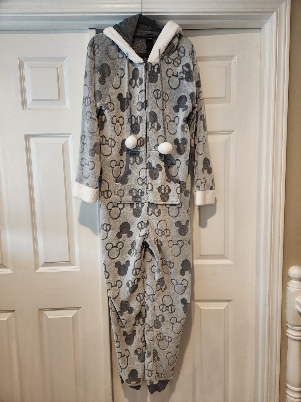 Disney Gray & White Mickey Plush Hooded Onesie Pajamas with Pom Poms